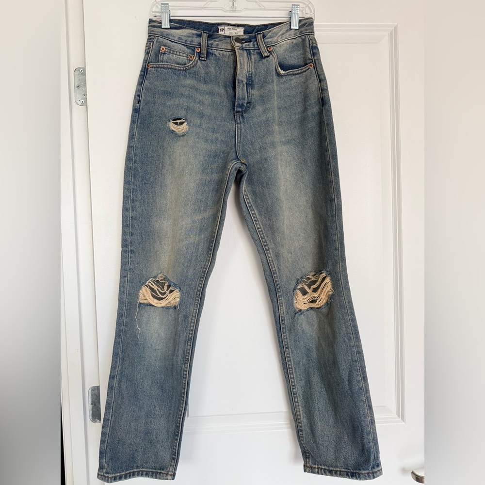 Free People Distressed Straight Leg Jeans - Light Blue